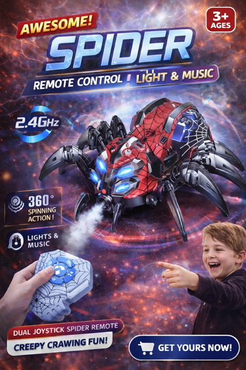 Remote Control Spider Toy – 2.4GHz RC Spider with Lights, Music &amp; 360° Spinning Action