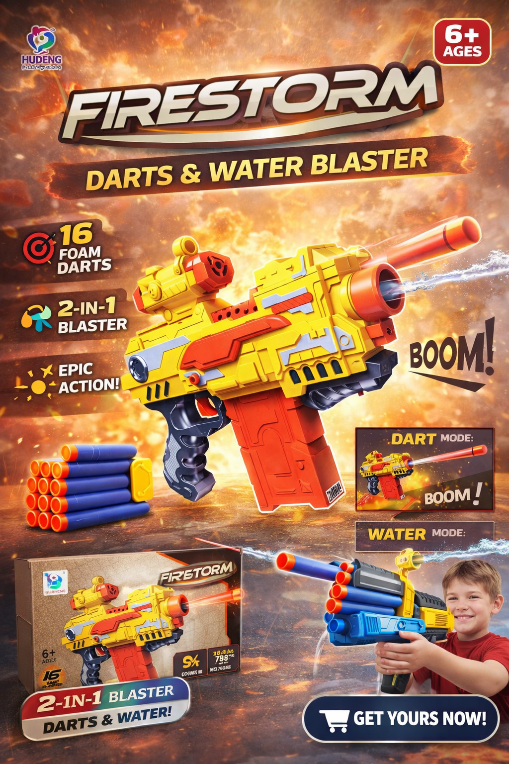 Firestorm 2-in-1 Blaster – Foam Dart Gun &amp; Water Shooter for Kids (16 Darts)