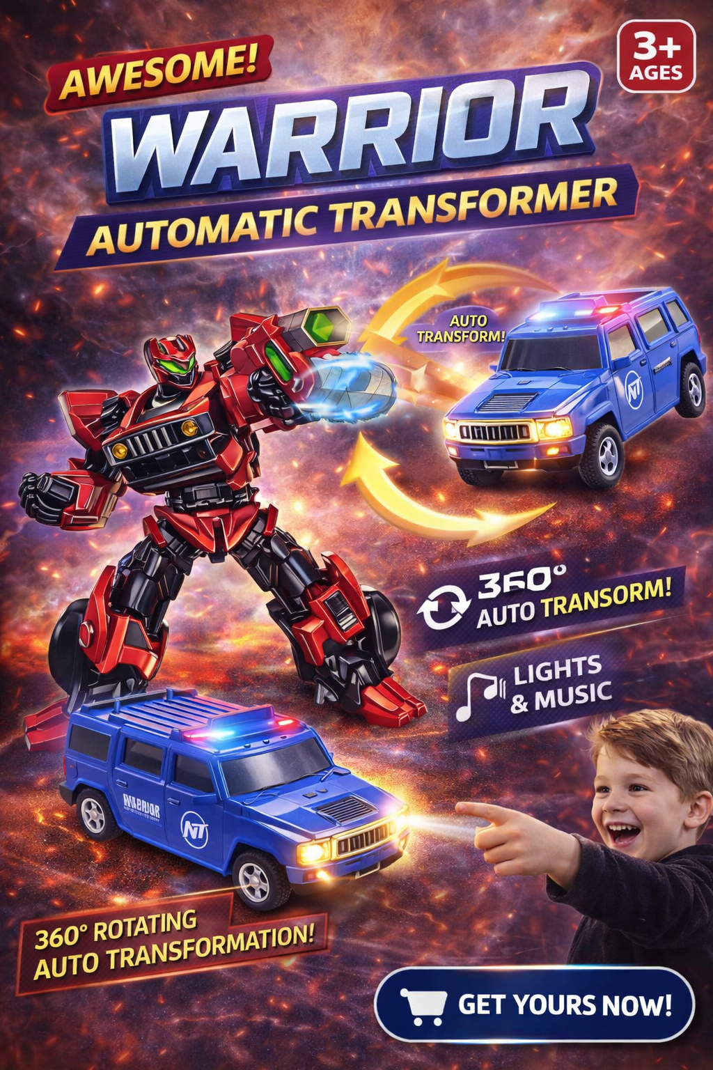 Warrior Auto Transformer Car – 360° Transforming Robot with Lights &amp; Music